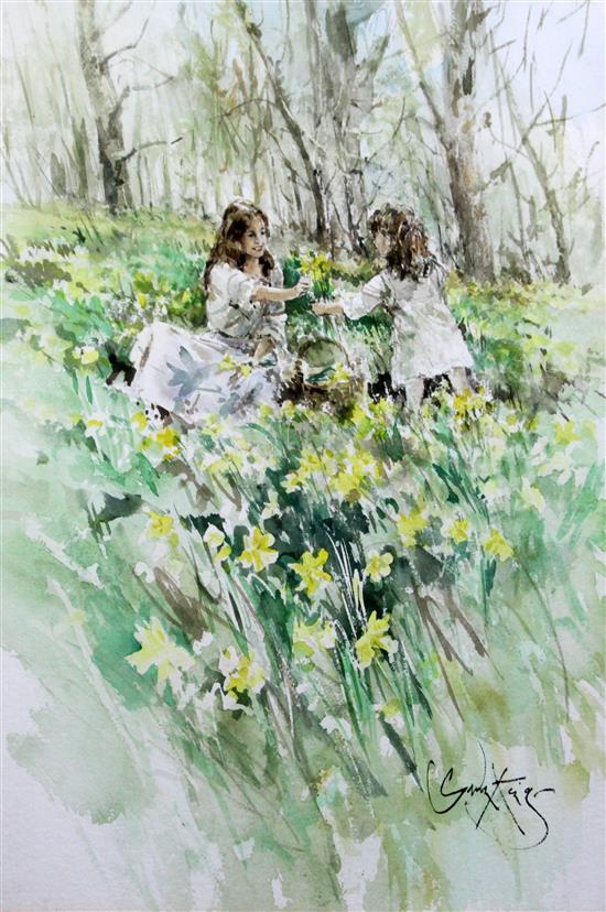 Gordon King (b.1939) Gathering daffodils, 20 x 14.5in.